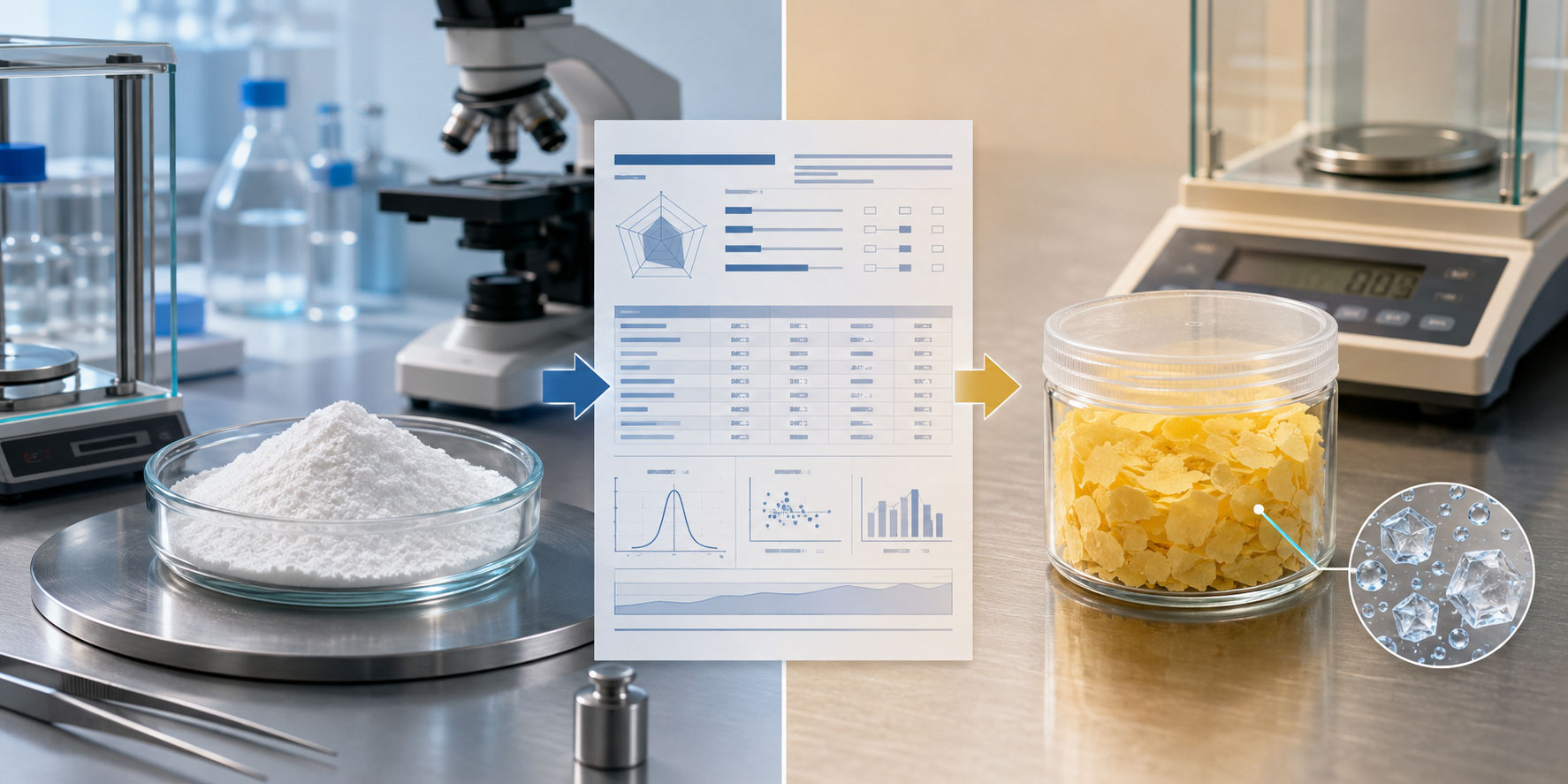Hydrated sodium sulfide flakes compared with anhydrous Na₂S reference material during assay review