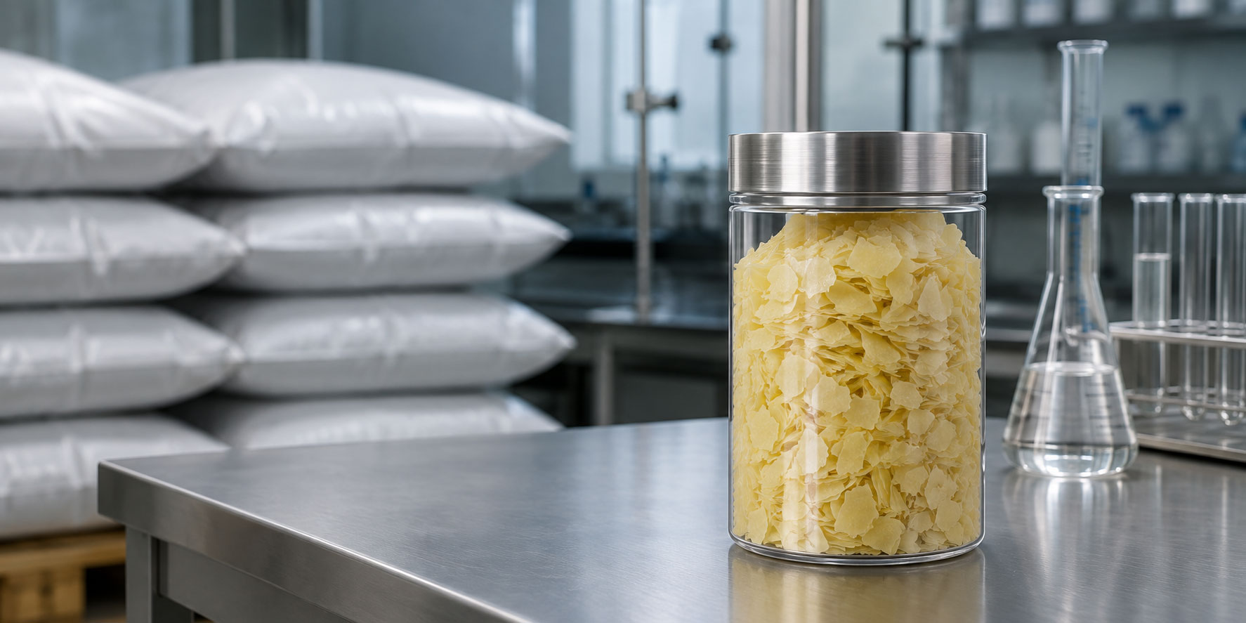 Sodium sulfide 60% flakes in a sealed industrial quality-control setting