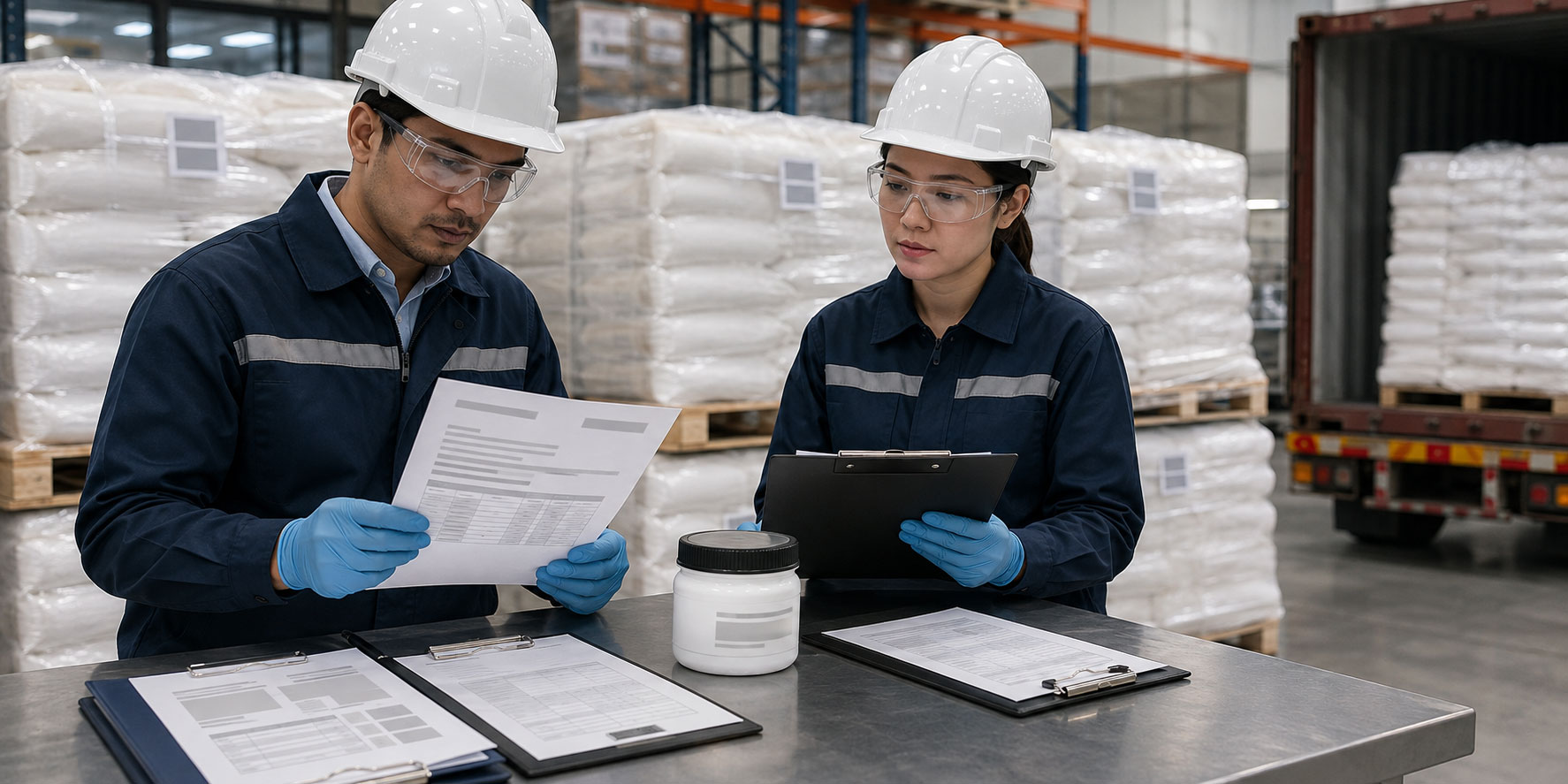 Procurement and QA specialists reviewing COA, TDS and SDS for an industrial sodium sulfide batch