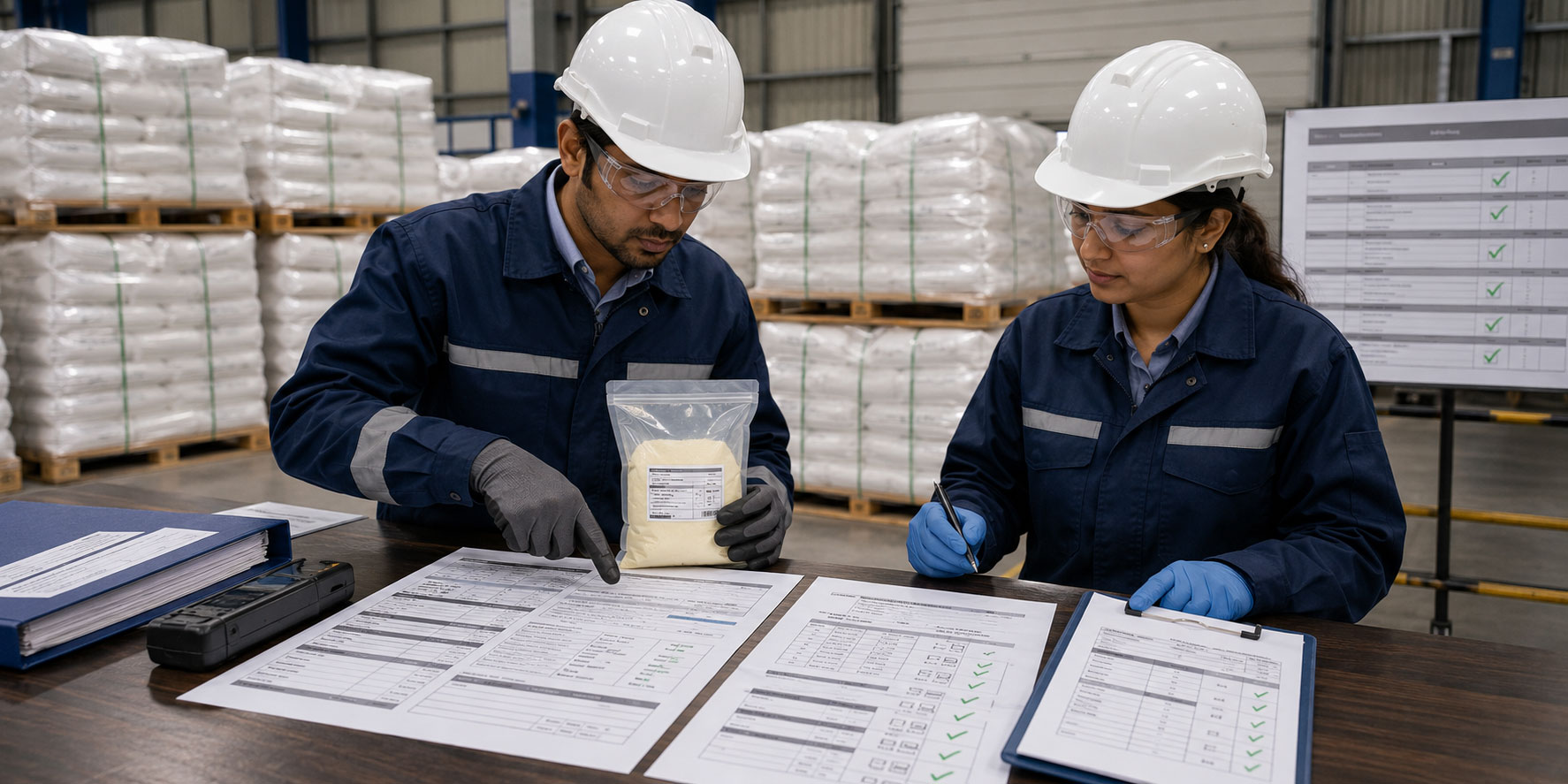 Technical buyer reviewing sodium sulfide specifications and batch documents before shipment.