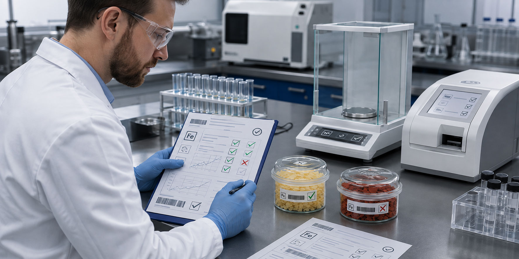 Quality-control comparison of sodium sulfide flake appearance, Fe ppm and batch COA.